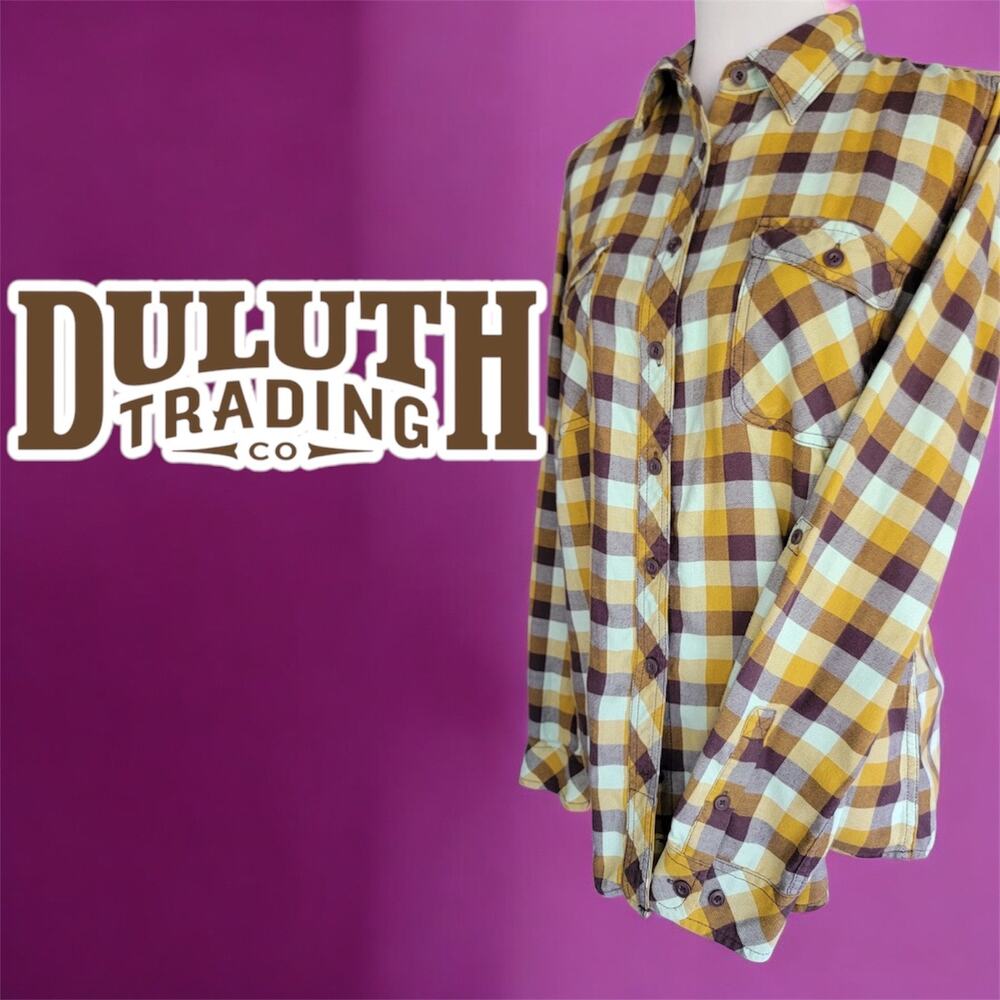 Duluth Trading Co Womens Button Up Flannel Sz XL Long‎ Sleeve Purple Blue Yellow